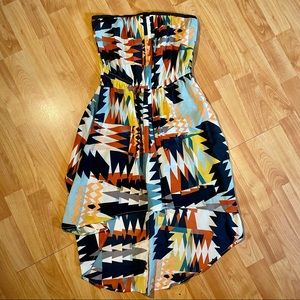 Geo pattern strapless high-lo dress pleated detail